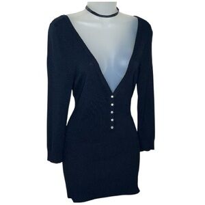 Y2K Guess Diamond Button Up Deep V Neck Plunge Ribbed Hem Long Cardigan Black XS